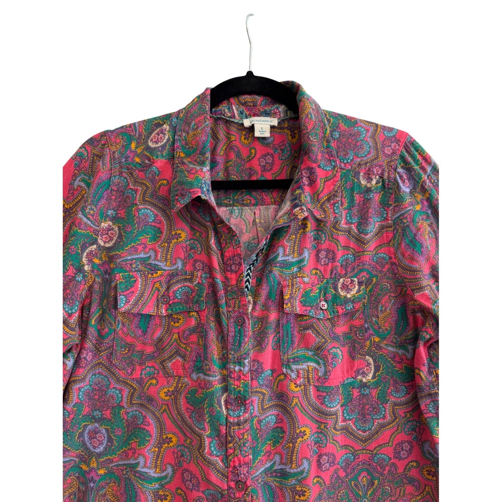 Sundance Paisley Button Down Shirt Womens L Pink Cotton Roll Tab Sleeve Boho - Picture 5 of 10